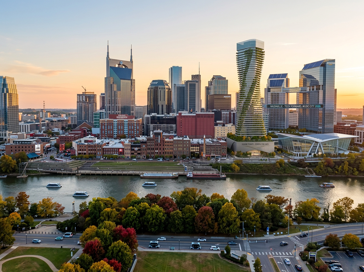 Nashville skyline with modern buildings and a spiraling green skyscraper by the river